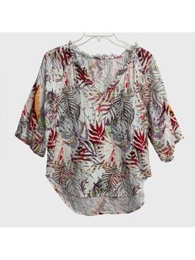 Chico’s Tropical Leaf Print Cotton Blouse *Size 1 Approx M Boho Beach Resortwear